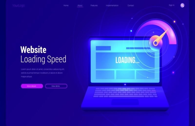 Illustration of a laptop screen showing a loading bar with a speedometer icon, representing website loading speed and performance optimization.