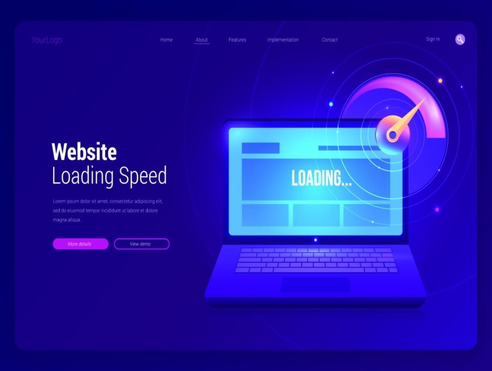 Illustration of a laptop screen showing a loading bar with a speedometer icon, representing website loading speed and performance optimization.