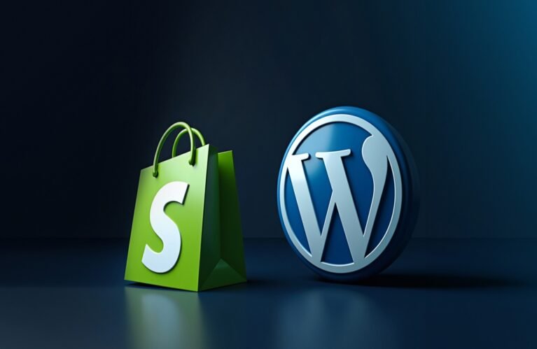 Shopify and WordPress logos displayed side by side on a dark background, representing a comparison between the two platforms.