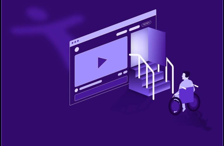 A person in a wheelchair approaches a video player with stairs, highlighting accessibility challenges in digital content.