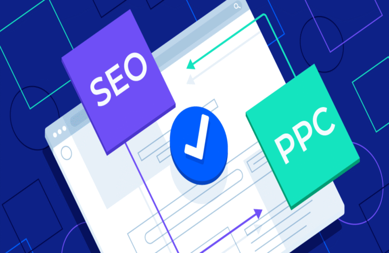 Graphic illustrating SEO and PPC strategies on a digital interface, with a checkmark symbolizing validation and success.