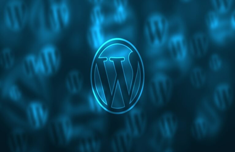 WordPress logo in a blue digital background, with soft shadows of similar logos creating a dynamic pattern.
