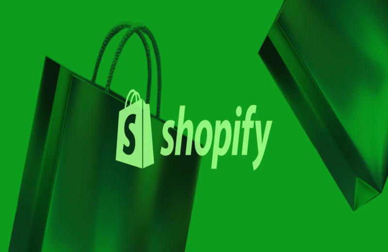 Green background featuring shopping bags and the Shopify logo prominently displayed in white text.
