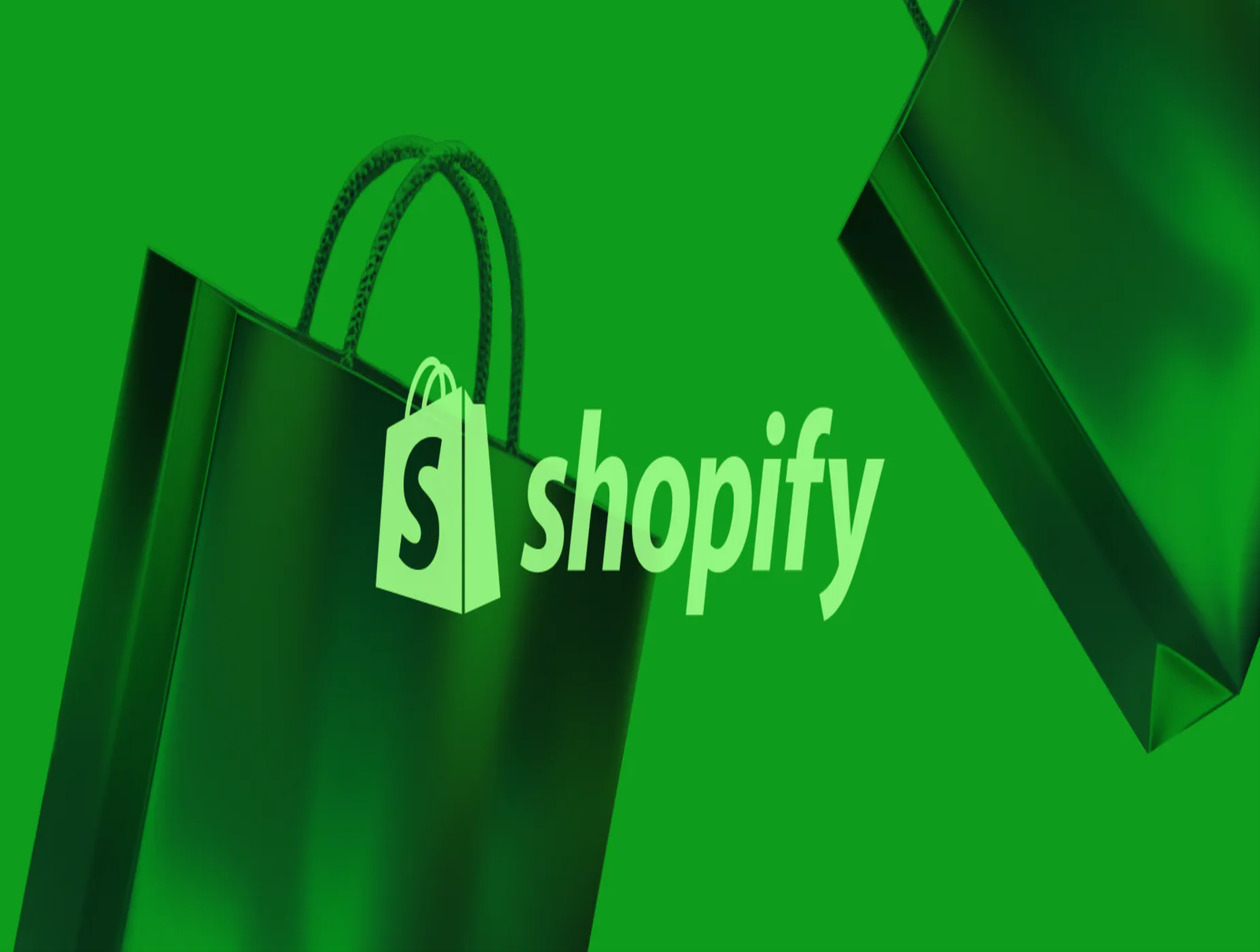 Green background featuring shopping bags and the Shopify logo prominently displayed in white text.