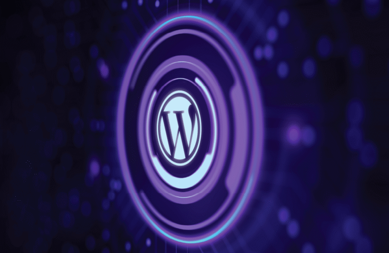 A glowing, digital representation of the WordPress logo, surrounded by a dark purple, futuristic background with circular patterns.