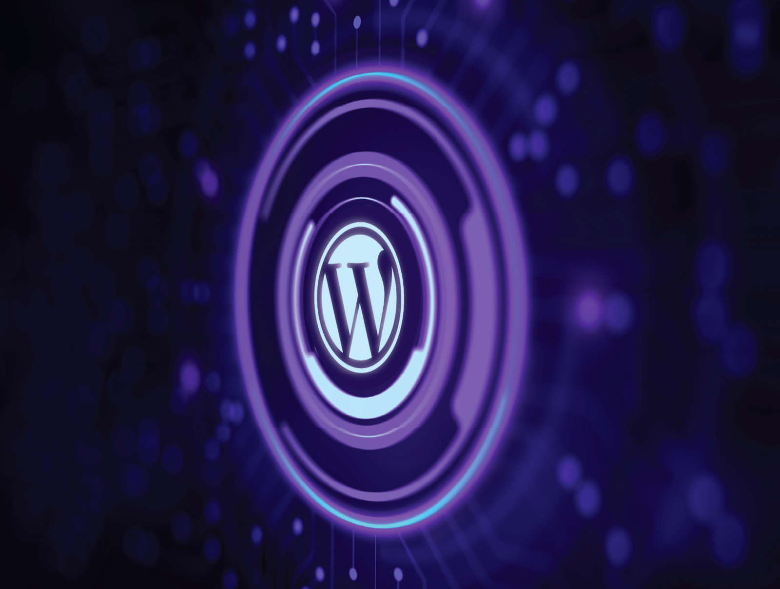 A glowing, digital representation of the WordPress logo, surrounded by a dark purple, futuristic background with circular patterns.