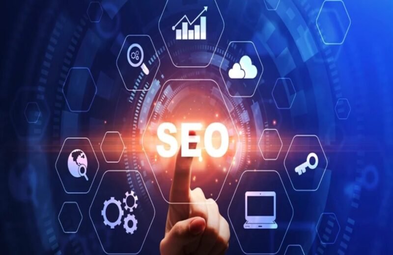 A hand pointing at the glowing "SEO" text amid various digital icons representing analytics, security, and technology on a blue background.