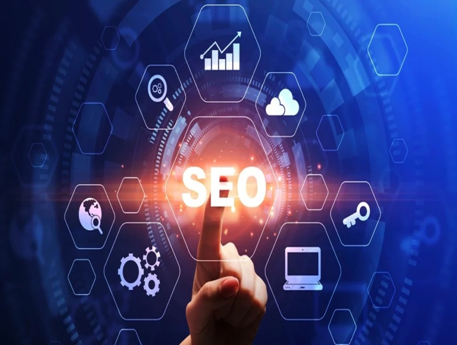 A hand pointing at the glowing "SEO" text amid various digital icons representing analytics, security, and technology on a blue background.